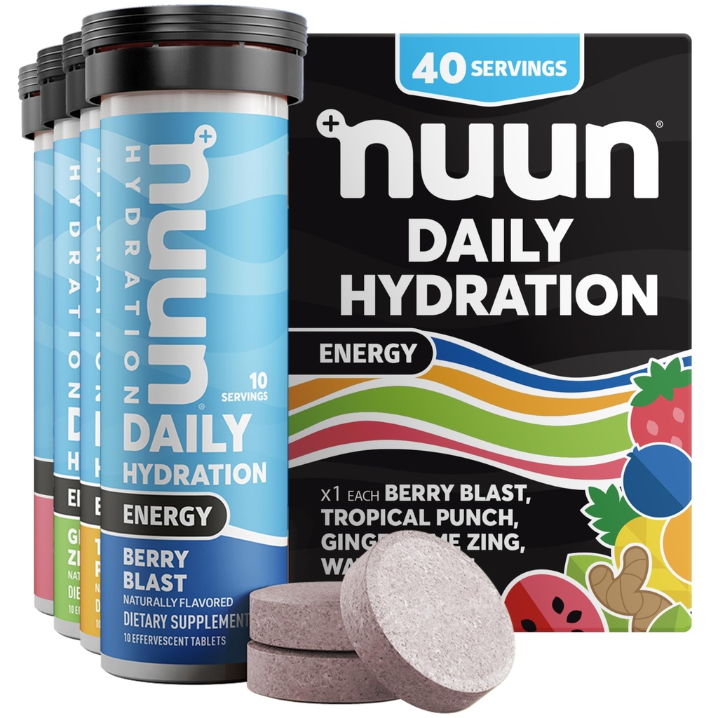 Nuun Energy Electrolyte Tablets med Ginseng, Koffein fra Green Tea Extract, Vitamin B12, B6, B5, Magnesium & 4 Andre Elektrolyter, Gluten Free & Vegan, Blandede Flavors, 4 Pack (40 Servere i alt)