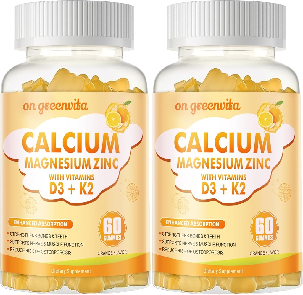 Calcium Magnesium Zinkgummier med vitamin D3 & K2 - høj potens Forbedret Absorption -120 Orange gummies Flavored