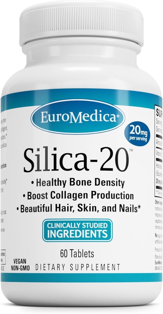 EuroMedica Silica- 20 - Supplement understøtter knoglerstruktur & collagen produktion - stærke tænder & sund knogleræd støtte - aids hår, hud & negle sundhed - 60 tabletter (30 Servere)