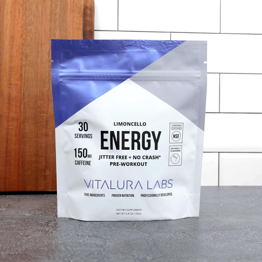 Vitalura Labs Pre- Workout Powder - Koffein, Theacrin, Rhodiola & L- Theanine for Energy & Endurance - NSF Indhold Certificeret - Limoncello Flavored - 30 Serveringer