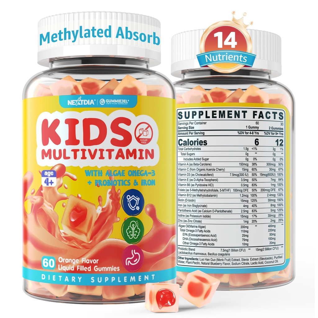 Kids Multivitamin Gummier med jern, Sukker fri, Kids Daily Vitaminer + Probiotika, Alger Omega 3 (EPA / DHA), A, C, D, Methyl B12, Folate, B6, Zink, Biotin, for sund vækst, immunforsvar, 60 Greve