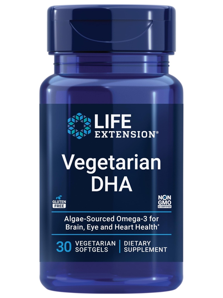 Life Extension Vegetar DHA, Omega-3 fra Alger til kognition, Mood & Eye Health, Gluten- Free, Non- GMO, Vegan, 30 softgel