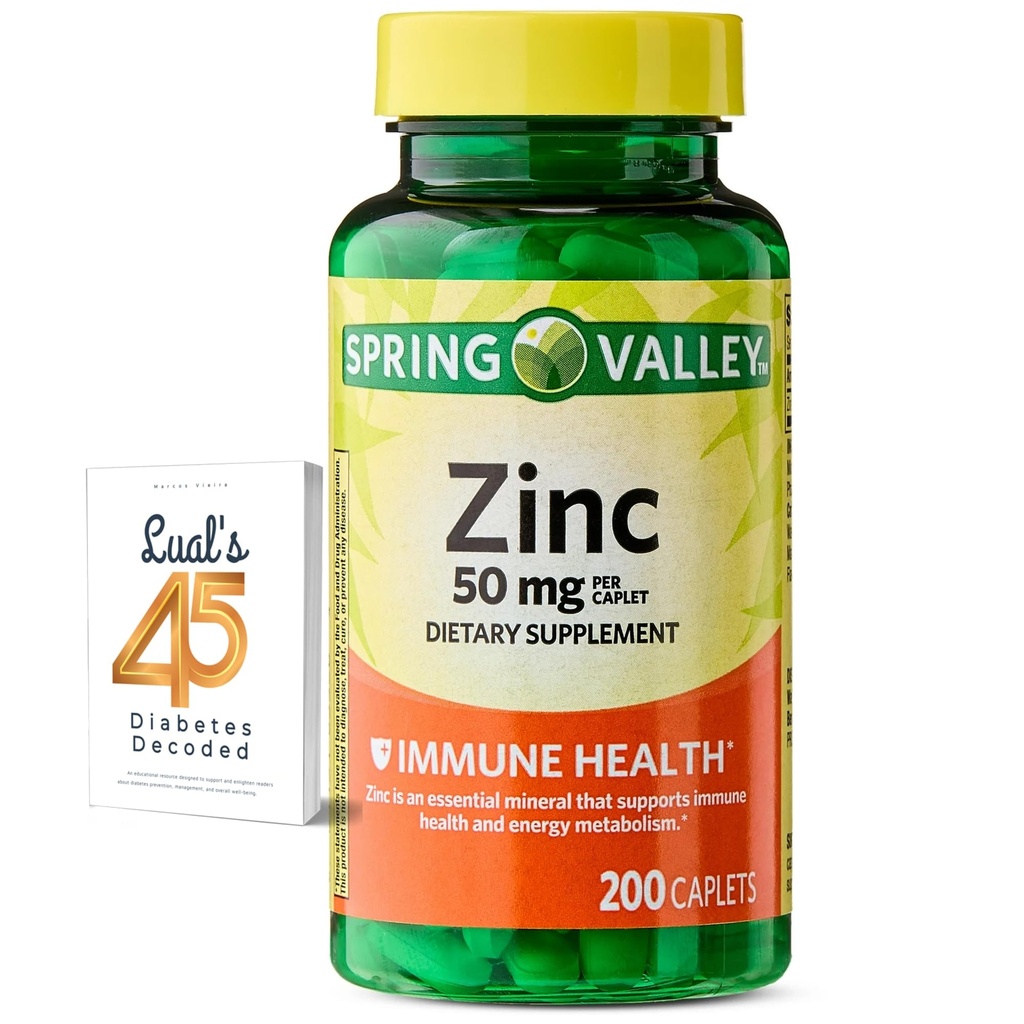 Spring Valley Zink 50 mg, 200 Greve, Kosttilskud Kapsler til immunforsvar, Zinkimmuntilskud, Bundle med Luals 45 Diabetes Decoded