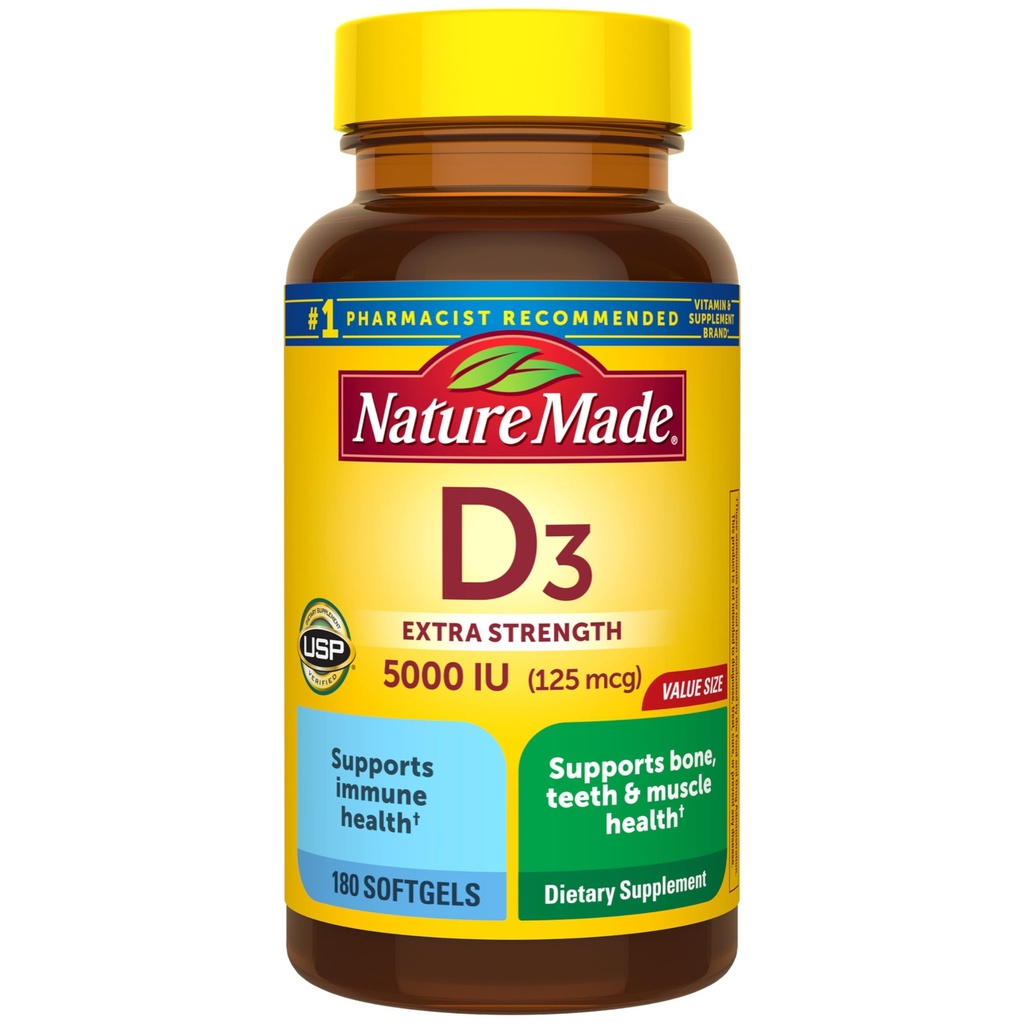 Nature Made Vitamin D3 5000 IE (125 mcg) Softgels, Extra Strength Vitamin D supplement til ben og immunforsvar, 180 greve, 180 dages forsyning