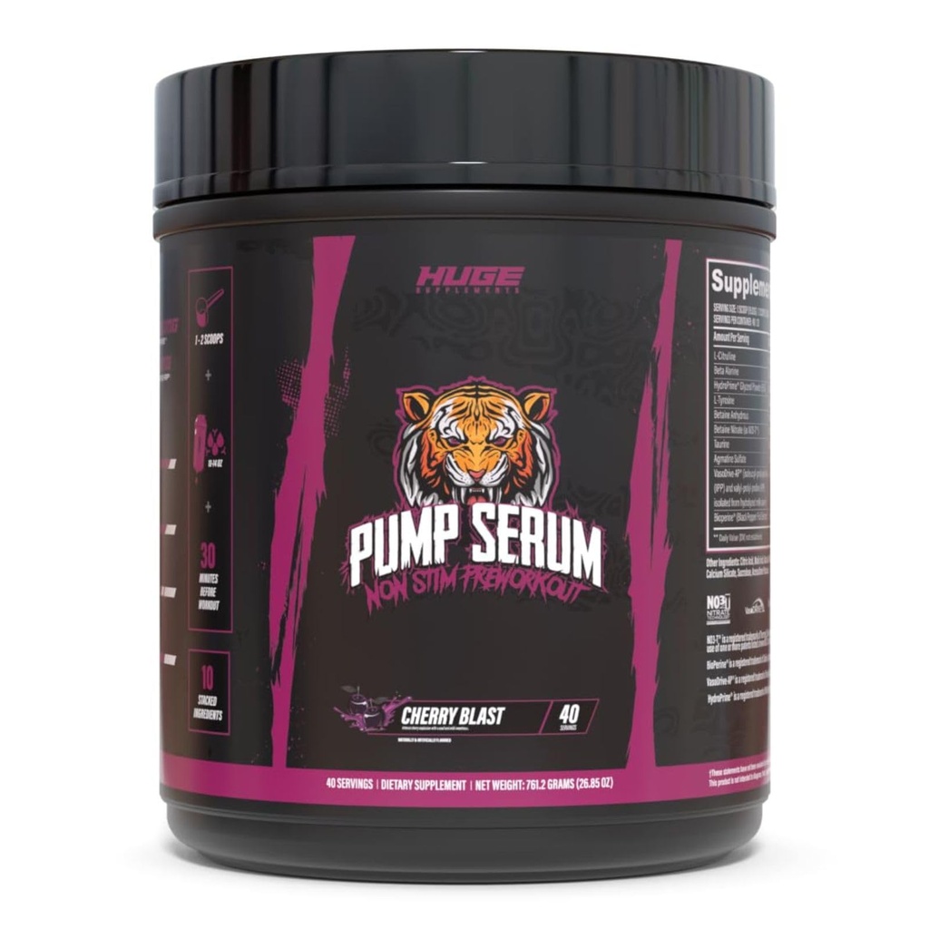 Kæmpe Kosttilskud Pump Serum, Stim Free Pre Workout og nitrogenoxid Booster til at øge fokus, Pumper, Fulness med ingen koffein, L-Citrullin, GlycerPump, L-Tyrosin, Nitrosigine (Cherry Blast)