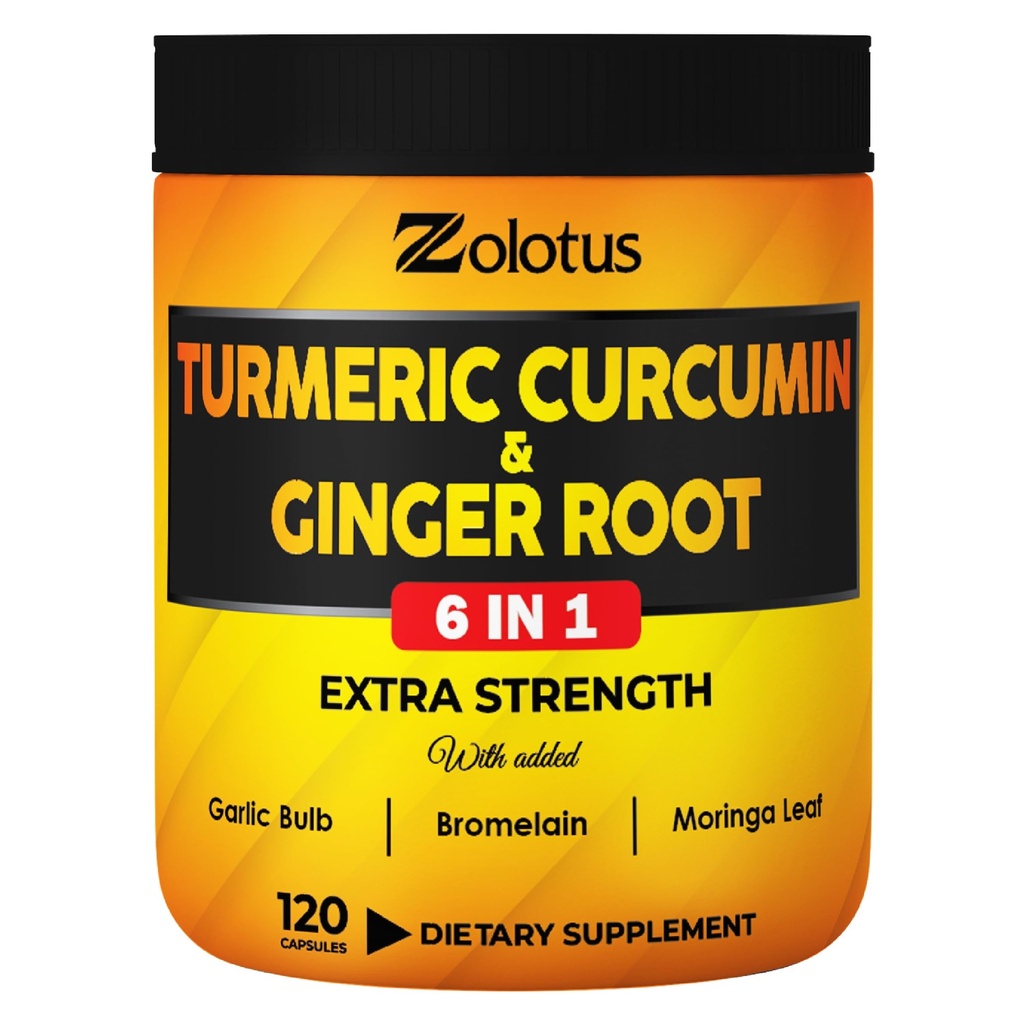 6 i 1 Gurkemeje + ingefær kapsler, 95% Curcuminoider med ingefær, hvidløg Bulb, bromelain, Moringa, sort peber - 120 kapsler