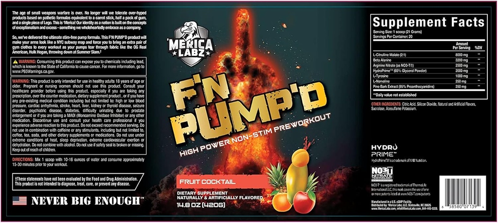 'Merica Labz F' N Pump 'D Stimulant Free, Nitric Oxide, Fuldt doseret, Pump PreWorkout Powder (20 Servere) (Frugt Cocktail)