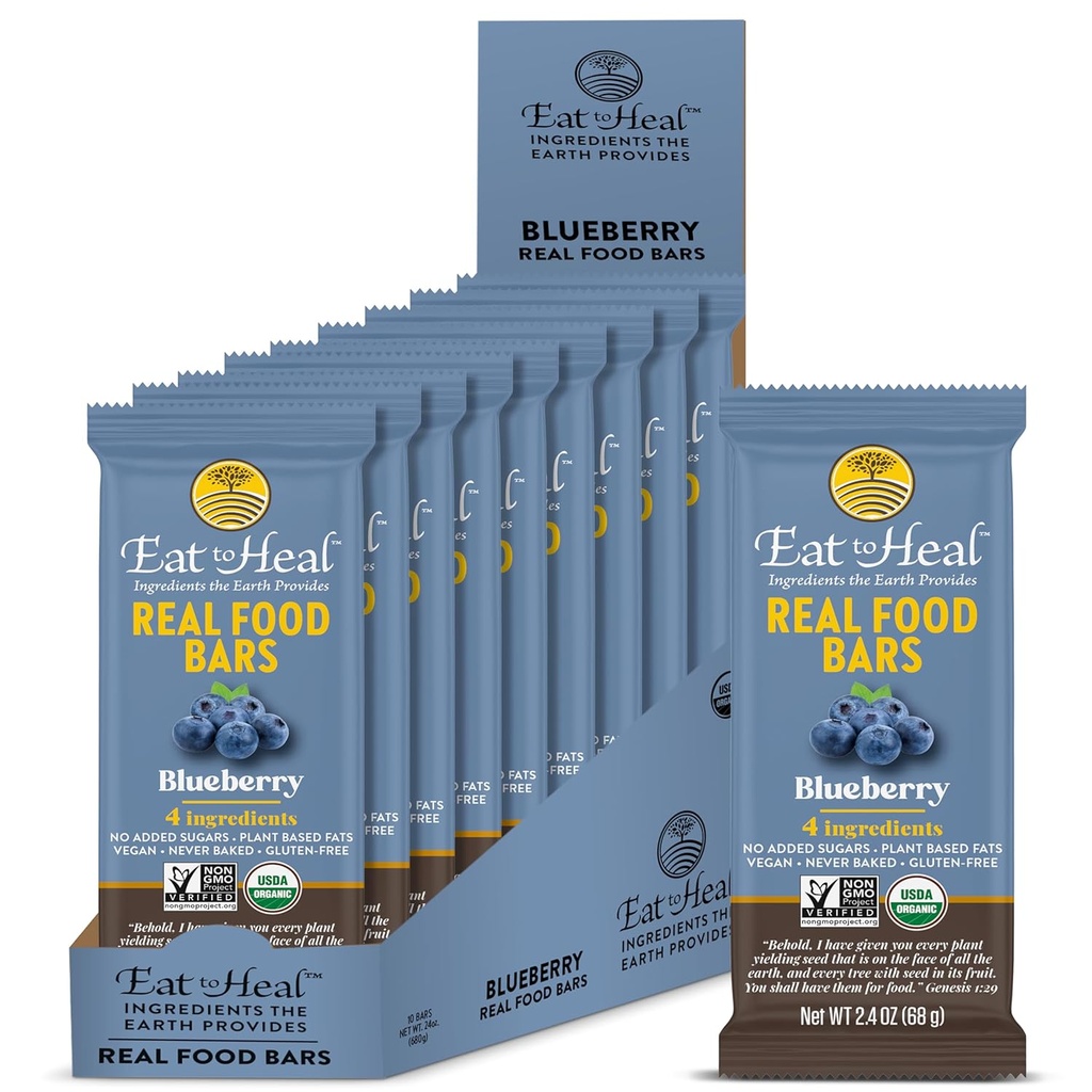 EatToHeal Blåbær Real Food Bar - Organic Protein Bars, Vegansk mad, Sund Gluten Free Protein Food - Lavsukker Protein Bars, Ikke GMO, Aldrig bagt, Plant Based Organic Snacks - Udført til at nyde
