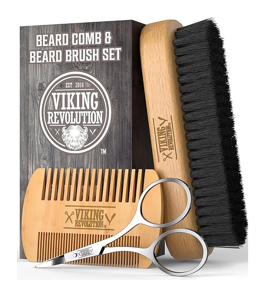 Viking Revolution Beard Comb & Beard Brush sæt til mænd -- Natural vildsvin Brittle Brush og Dual Action Pære Træ Comb w / Velvet Travel Pouch - Great for Grooming Leards og Mustaches