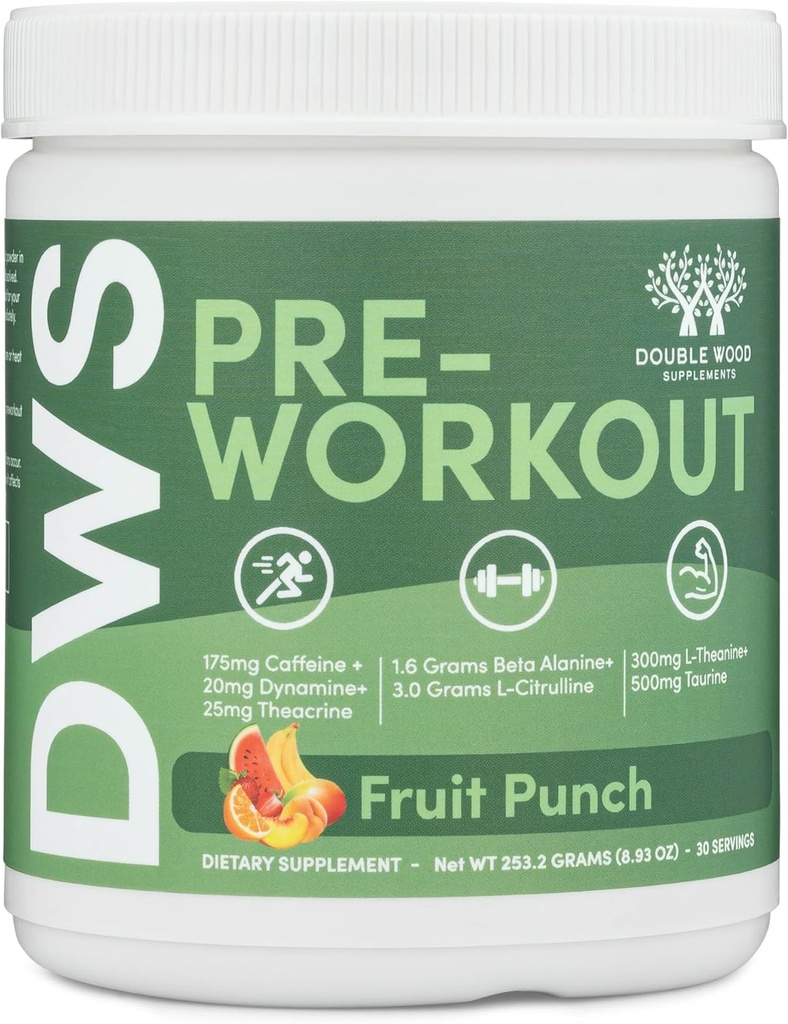 Pre Workout pulver til mænd og kvinder (30 Servering af koffein, Beta Alanine, L- Citrullin, Dynamin, L- Theanine, Taurine, Theacrine, & Mere) Pre workout Powder med Scoop ved Double Wood (Fruit Punch)
