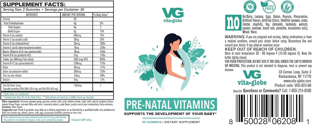VITA GLOBE Prenatal Fish Oil Gummy Vitamin - Kvinder Multivitamin for sund vækst og hjerne udvikling med vitamin A, D E, B6, Folate og biotin, 60 Greve