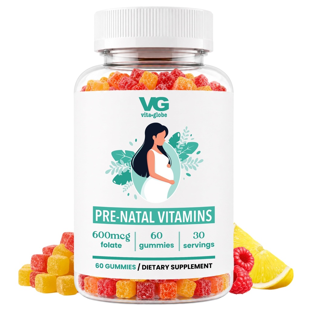 VITA GLOBE Prenatal Fish Oil Gummy Vitamin - Kvinder Multivitamin for sund vækst og hjerne udvikling med vitamin A, D E, B6, Folate og biotin, 60 Greve