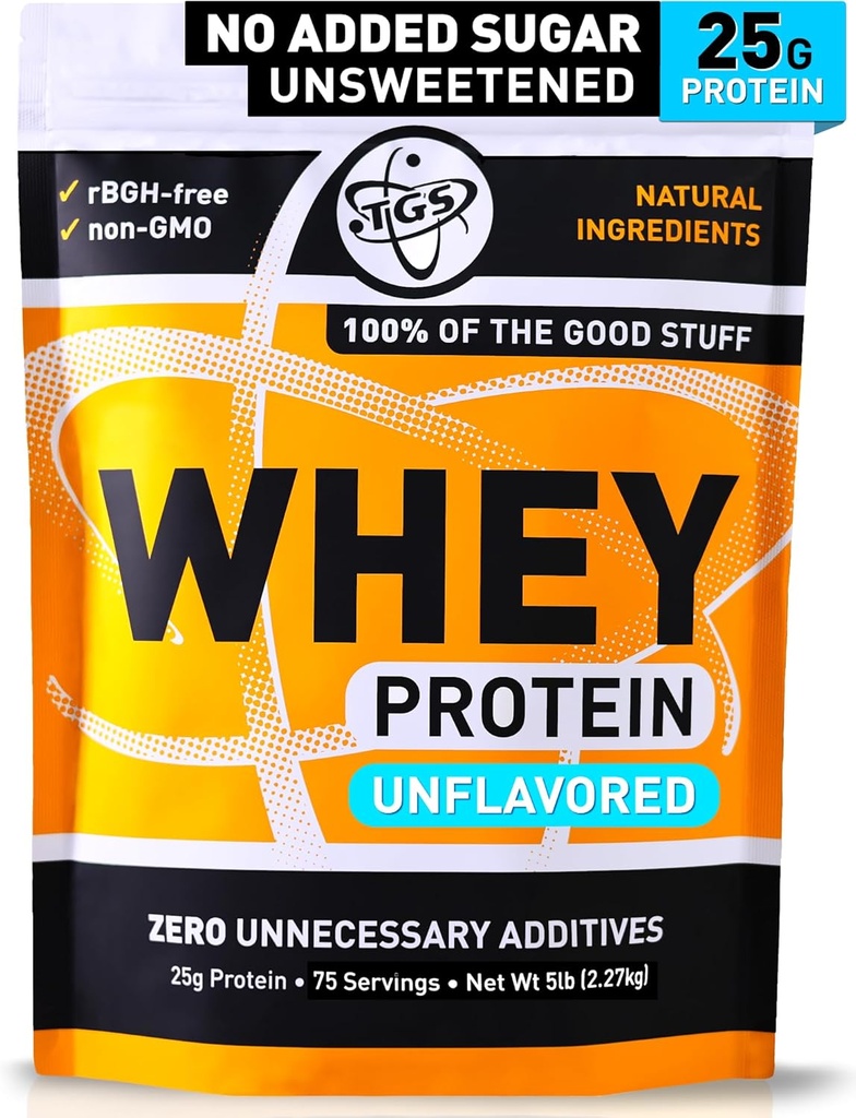 TGS Nutrition 100 Whey Protein Powder Unflavored, Usødet - Rene, Ingen kunstige ingredienser til mænd og kvinder - 5LB Bulk, Soy Gluten Free, Keto, Low Carb - Post Workout Muscle Inddrivelse