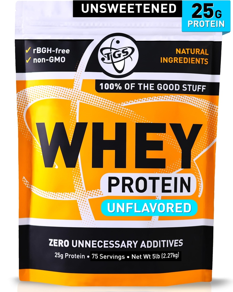 TGS Nutrition 100 Whey Protein Powder Unflavored, Usødet - Rene, Ingen kunstige ingredienser til mænd og kvinder - 5LB Bulk, Soy Gluten Free, Keto, Low Carb - Post Workout Muscle Inddrivelse