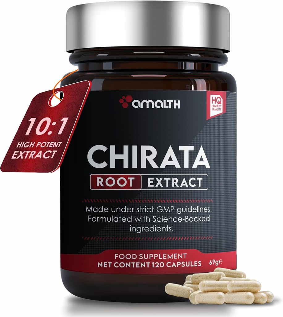 AMALTH Swertia Chirata Extract Powder 500 mg, 10: 1 Potence Lever Support Supplement & Harmonal Acne Kosttilskud til kvinder sund hud - 120 Kapsler
