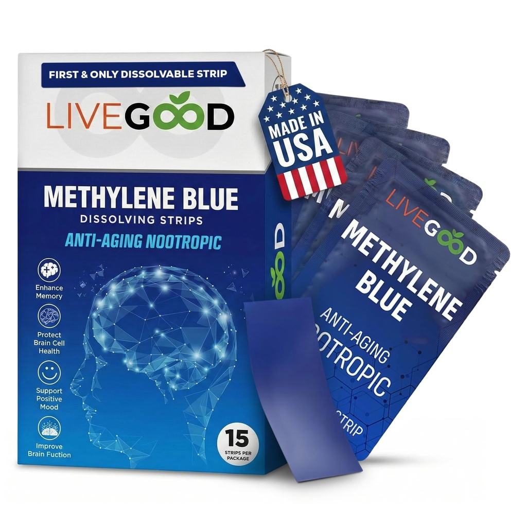 LEVEGOOD methylen blå - Methylen blå til mennesker, hjerne kosttilskud til hukommelse og fokus, Klarhed & kognitiv energi, Nootrop Brain Support, Lavet i USA, 15 Oral Strips med 20 mg hver