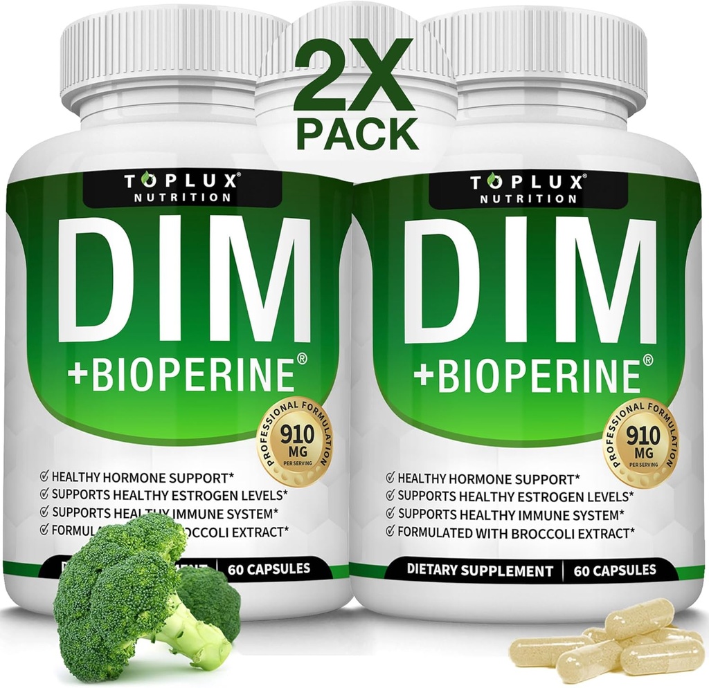 Dim Supplement 910 mg Plus BioPerine Complex - Diindolylmethan til støtte Hormonbalance og østrogen Metabolisme, Hjælper med overgangsalderen Acne PCOS bedre hud Bodybuilding, for mænd kvinder, 60 kapsler