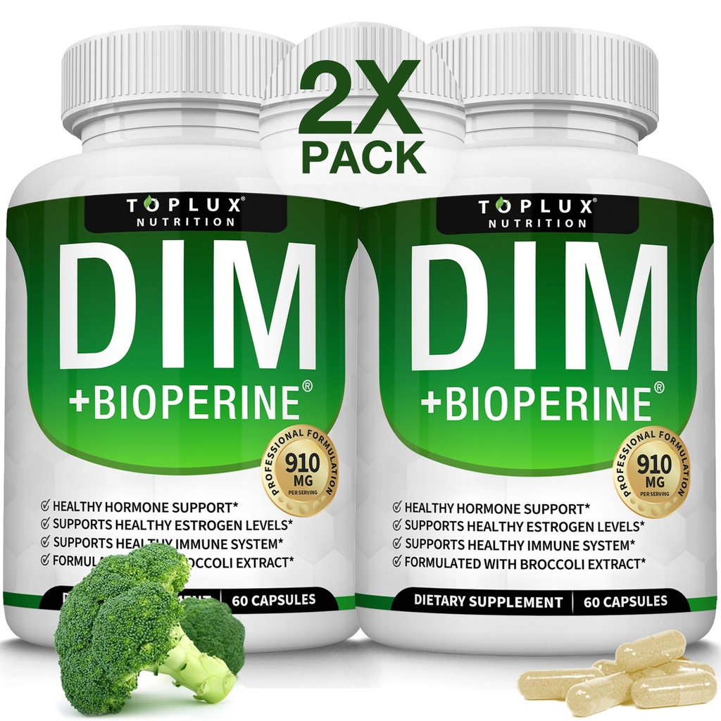 Dim Supplement 910 mg Plus BioPerine Complex - Diindolylmethan til støtte Hormonbalance og østrogen Metabolisme, Hjælper med overgangsalderen Acne PCOS bedre hud Bodybuilding, for mænd kvinder, 60 kapsler