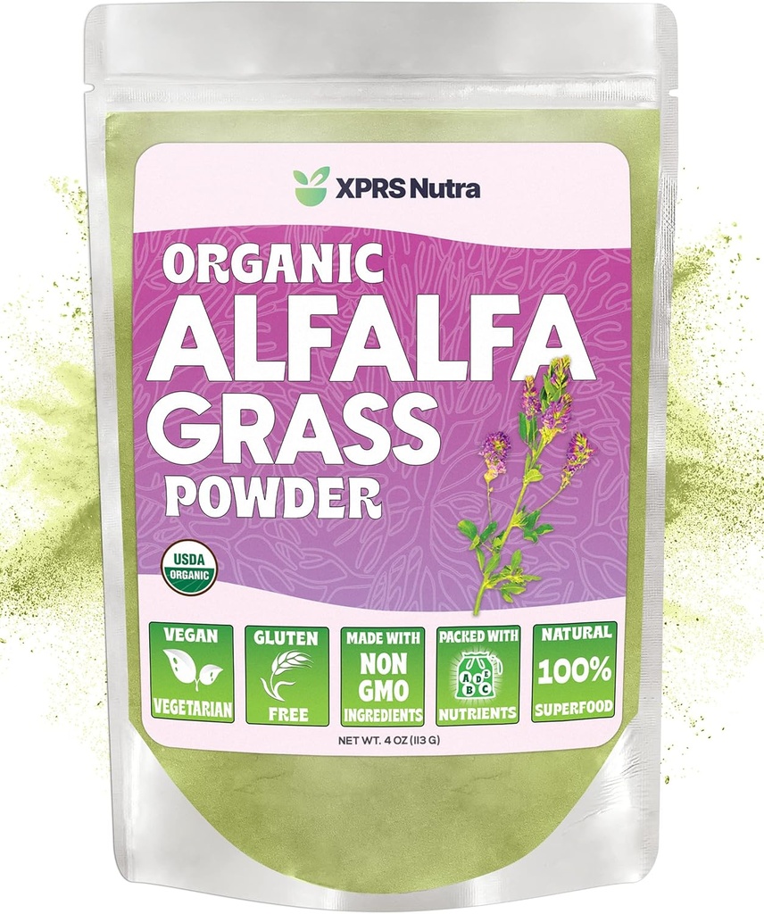 XPRS Nutra Organic Alfalfa Powder - Premium Vegan Supplement Rich in Calcium, Antioxidanter, Vitaminer - Farmer Alfalfa Supplement for børn og voksne - Vegan Friendly Sund Leaf (4 Ounce)