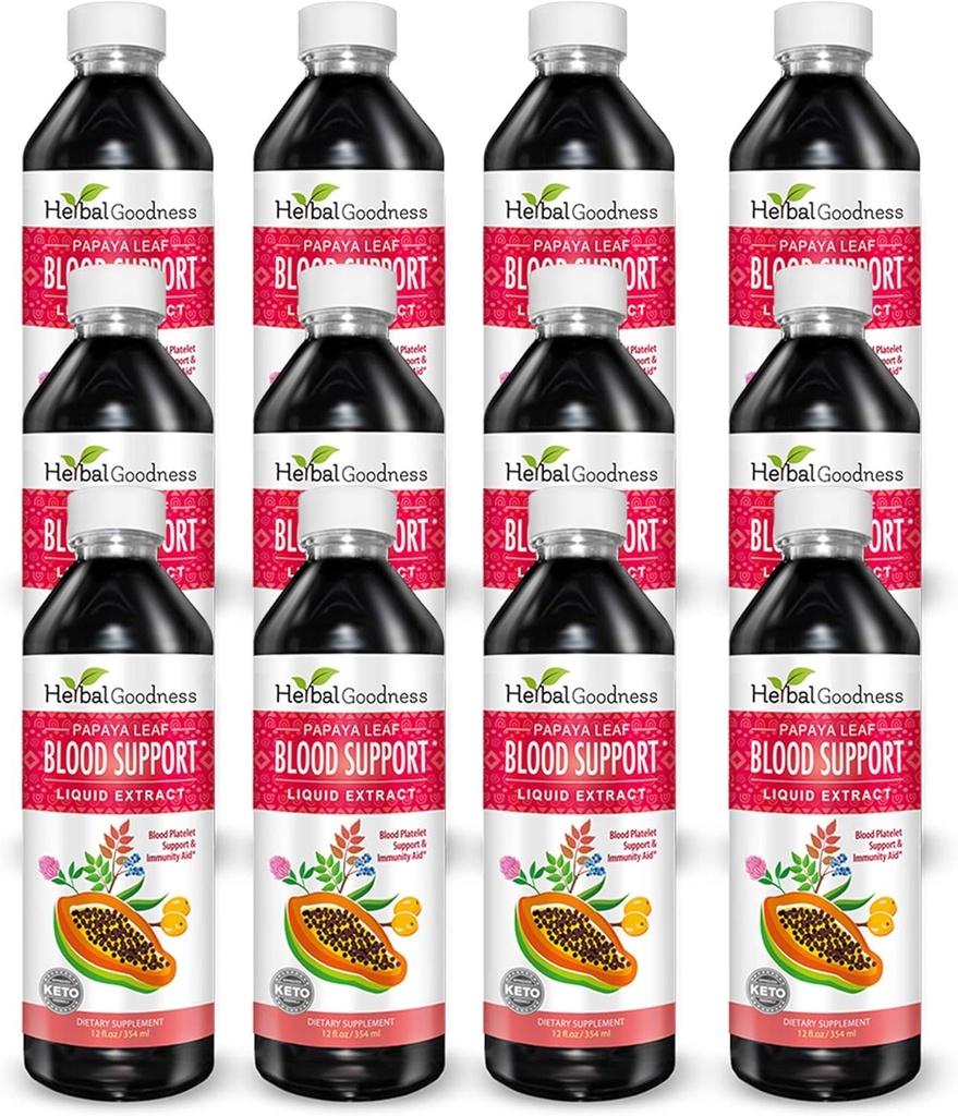 Papaya Leaf Blood Support Liquid - 15X Strength - Papaya Leaf Extract - Sunde Blodplader, Blood Cleanse, fordøjelse, Papaya Enzyme - 12 (12oz) Flasker Flydende - Herbal Goodness - Made in USA