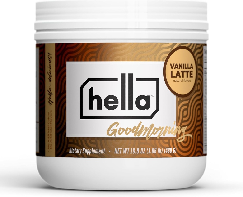 Hella Nutrition Goodmorning Coffee Alternative Natural Coffein with Mushroom Coffee Substitute 124; Protein, Collagen, Vitaminer B-12 & D, Elektrolyter, & Minerals; 124; Ikke GMO (20 Servere, Vanilla Latte)