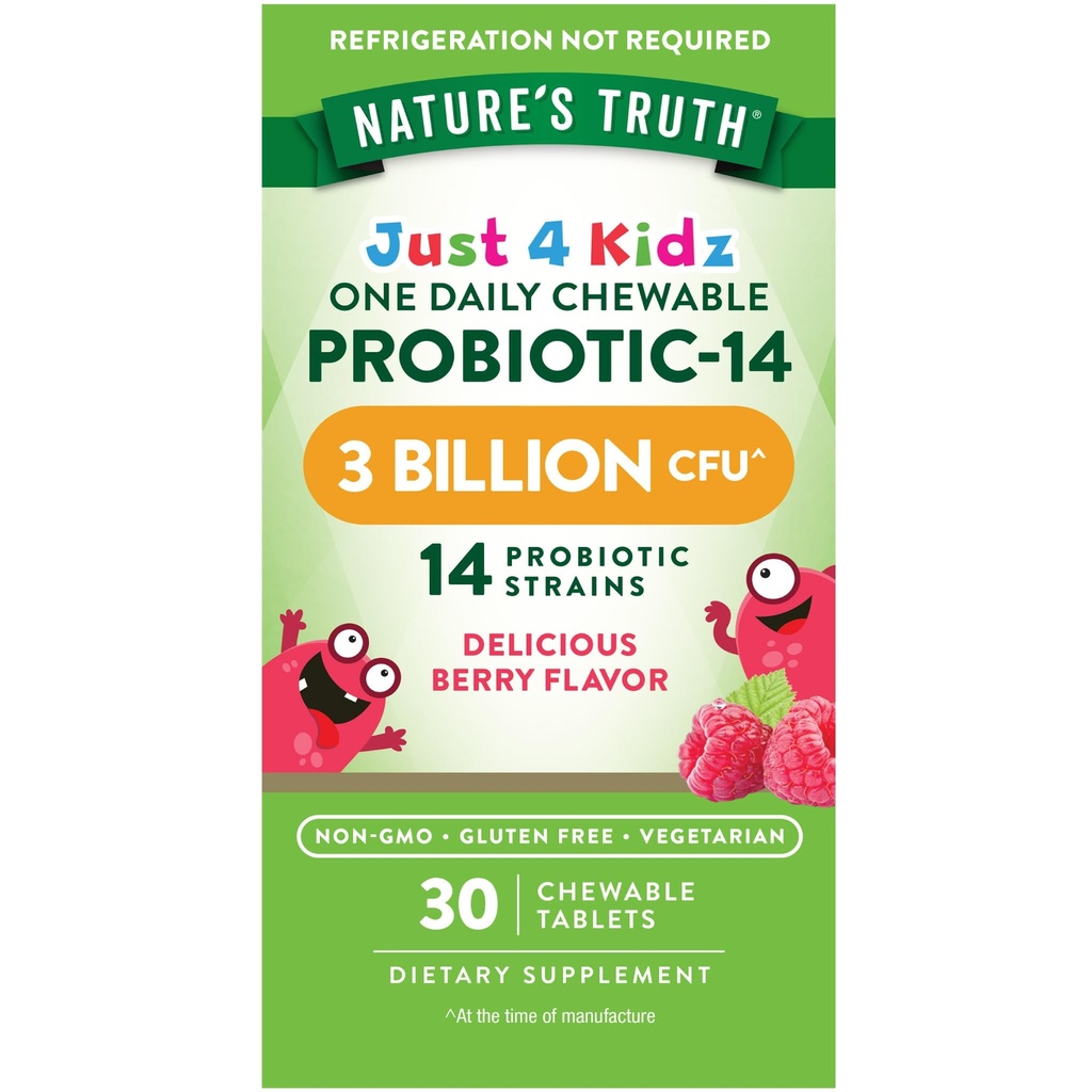Naturens sandhedsprobiotika til børn er 124; 30 tyggetabletter er 124; 3 milliarder CFU 'er er 124; Berry Flavor er 124; Vegetar, Non- GMO & Gluten Free Supplement