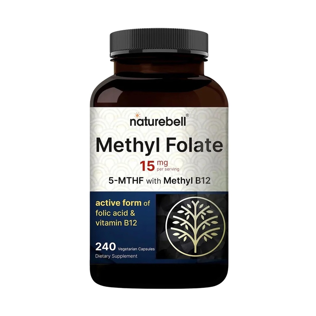 NatureBell L Methylfolat 15mg, 240 Veggie Kapsler er 124; 5- MTHF med methyl B12 1,000mcg er 124; High Potency Dual Action for Energy & Cognitive Support, Active folinsyre - Methyl Folate Supplement
