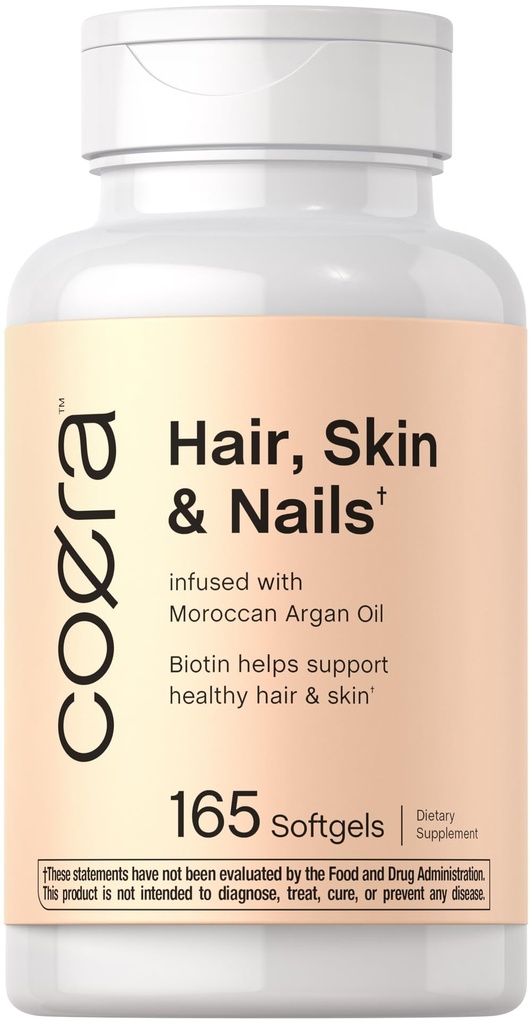 Coera Hår, Hud og negle Vitaminer Mex124; 165 Softgels Mex124; med Biotin, Collagen & Marokkansk Argan Oil Mex124; Non- GMO & Gluten Free Supplement for mænd og kvinder