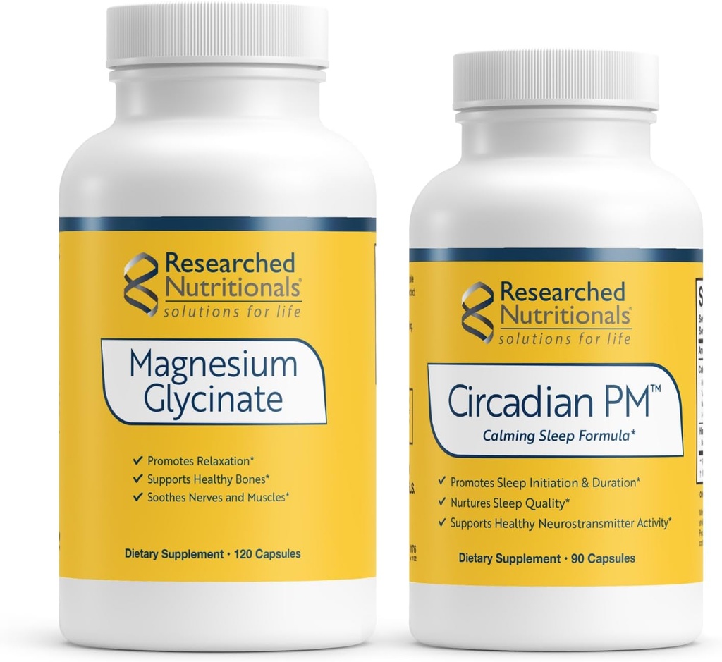 Researched Nutritionals Nighttime Support with Circadian PM and Magnesium Glycinate - 2 Product Bundle with Melatonin, Valerian, 5-HTP, GABA and a Magnesium Supplement