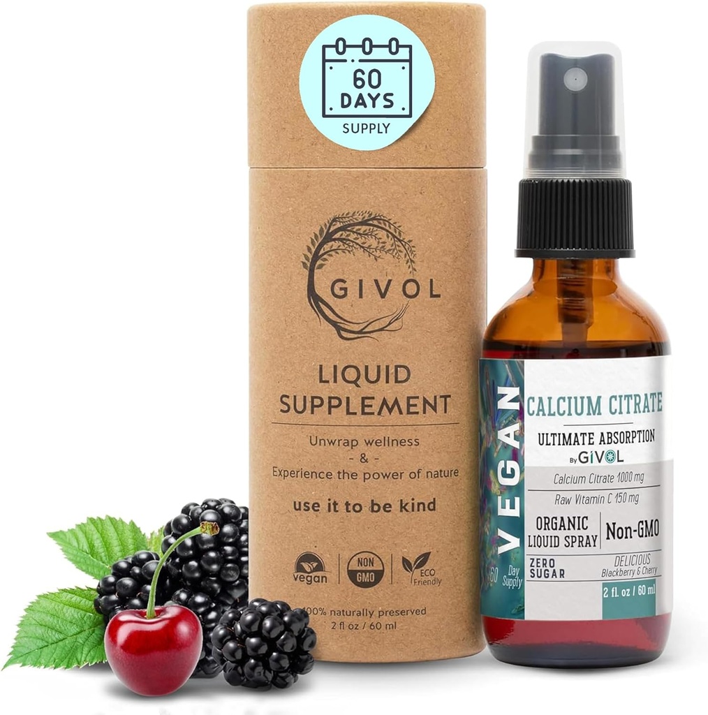 Liquid Calcium Citrate 1000mg & Raw C-vitamin 150mg Liquid Spray Mist for Optimal Absorption, Wild Cherry & BlackBerry Flavor, Calcium Supplement, Non-GMO, Gluten Free, Sugar- Free 2oz (60ml)