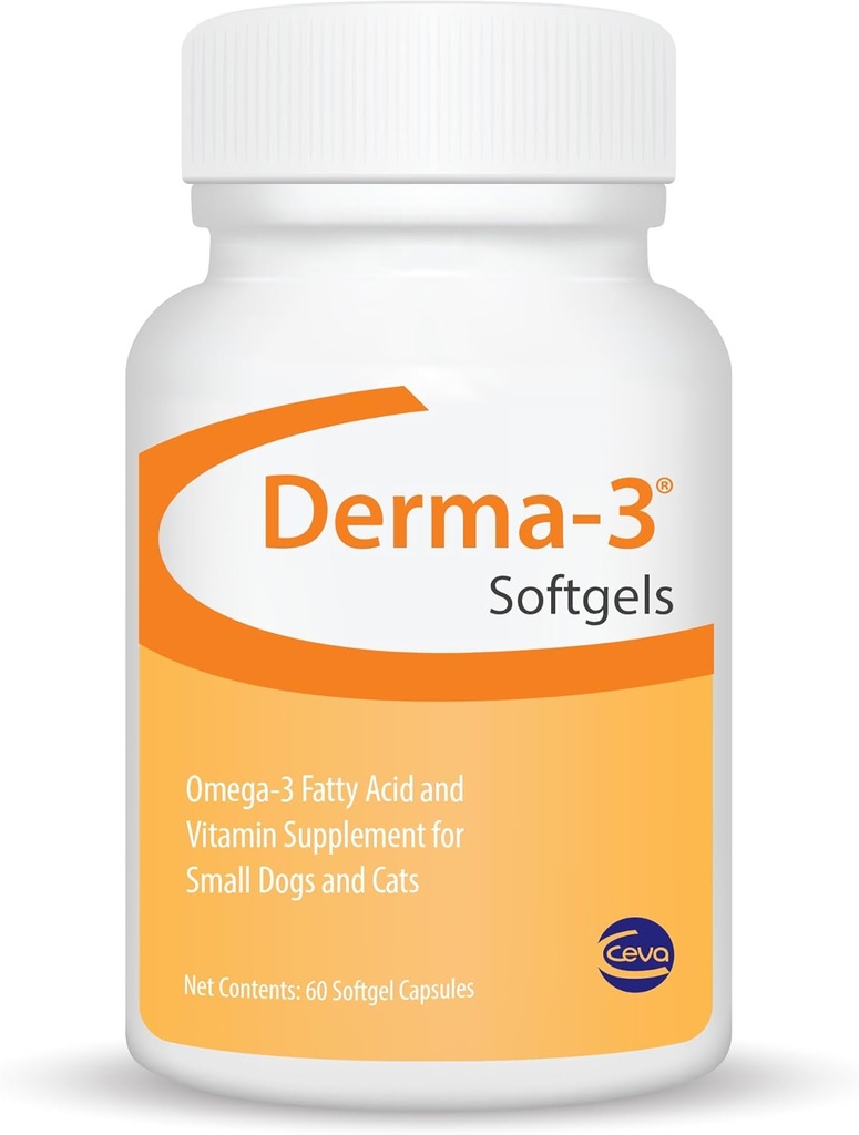 Ceva Derma-3 Softgel, Omega-3 Fedtsyre- og vitamintilskud til små hunde + katte (60 greve)
