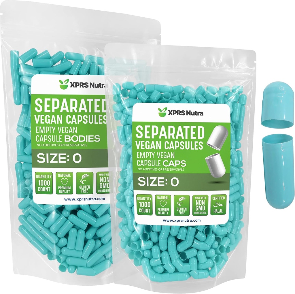 XPRS Nutra Vegan Størrelse 0 Separated Kapsler - 1000 Grev Premium Tomme Kapsler Separated in Tasker - Pills 0 for DIY Supplement Fyldning (Aqua)