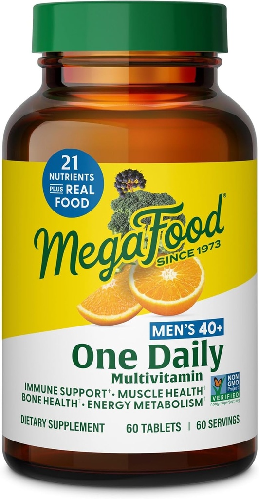 MegaFood Mænds 40 + One Daily Multivitamin for mænd med vitamin B, vitamin D3, Selenium, Zink & Real Food - immunforsvar, energi Metabolisme, og muskel & ben sundhed - Ikke GMO; Vegetar - 60 Tabs