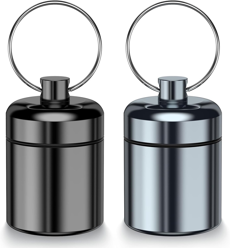 2 Pack Mini Pill Case Lille Pill Holder Keychain til purse - Bærbar Travel Pill Container Keychain, Vandtæt Metal Daily Pill Box Organizer til Office Outdoor Camping (sort & grå)