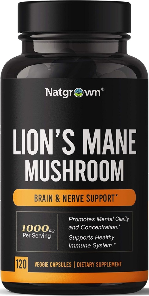 Natgrown Lions Mane Mushroom Supplement Kapsler - Organic Lions Mane Extract Nootrop Brain Supplement for Mænd & Kvinder - fremmer Mental Klarhed, Fokus og hukommelse - Veganske piller