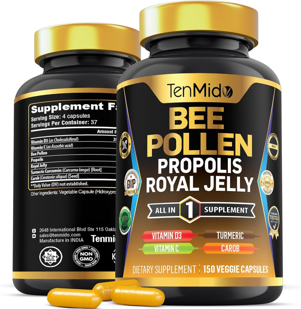 Bee Pollen kapsler til mænd og kvinder, 7- in-1 Formel med Propolis, Royal Jelly, gurkemeje, Carob & mere - Energi, immunforsvar, fordøjelsesstøtte - rig på næringsstoffer, vitaminer - 150 kapsler