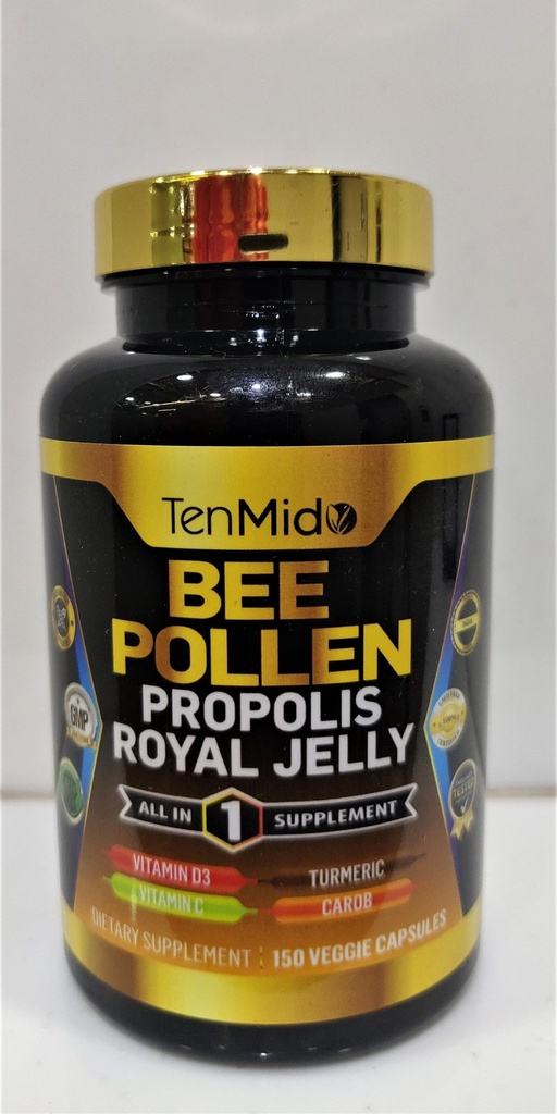 Bee Pollen kapsler til mænd og kvinder, 7- in-1 Formel med Propolis, Royal Jelly, gurkemeje, Carob & mere - Energi, immunforsvar, fordøjelsesstøtte - rig på næringsstoffer, vitaminer - 150 kapsler