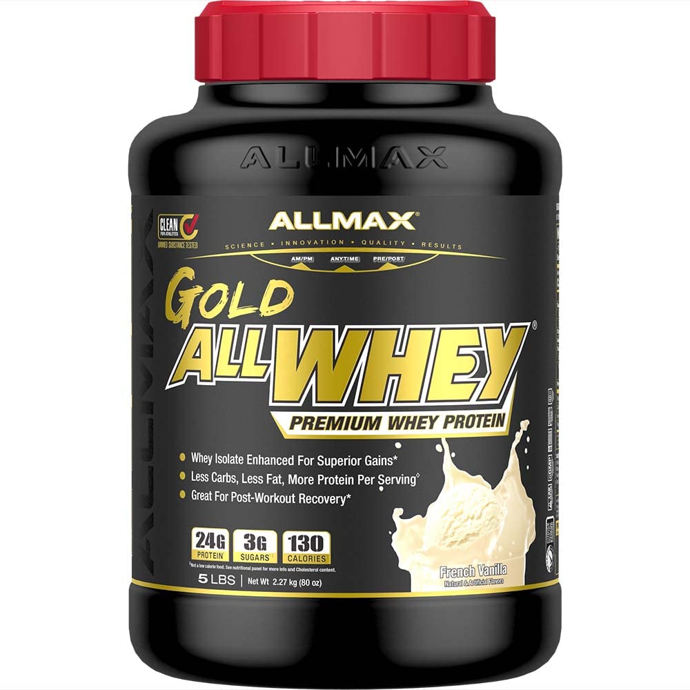 ALLMAX Nutrition Gold ALLWHEY, Fransk Vanilla - 5 LB - 24 Bedste Protein Per Scoop - Gluten Free, Lavcarb & Lavsukker - ca. 71 Servering