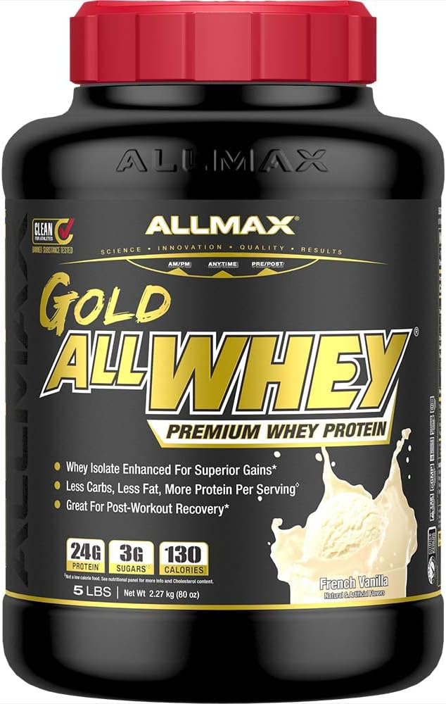 ALLMAX Nutrition Gold ALLWHEY, Fransk Vanilla - 5 LB - 24 Bedste Protein Per Scoop - Gluten Free, Lavcarb & Lavsukker - ca. 71 Servering