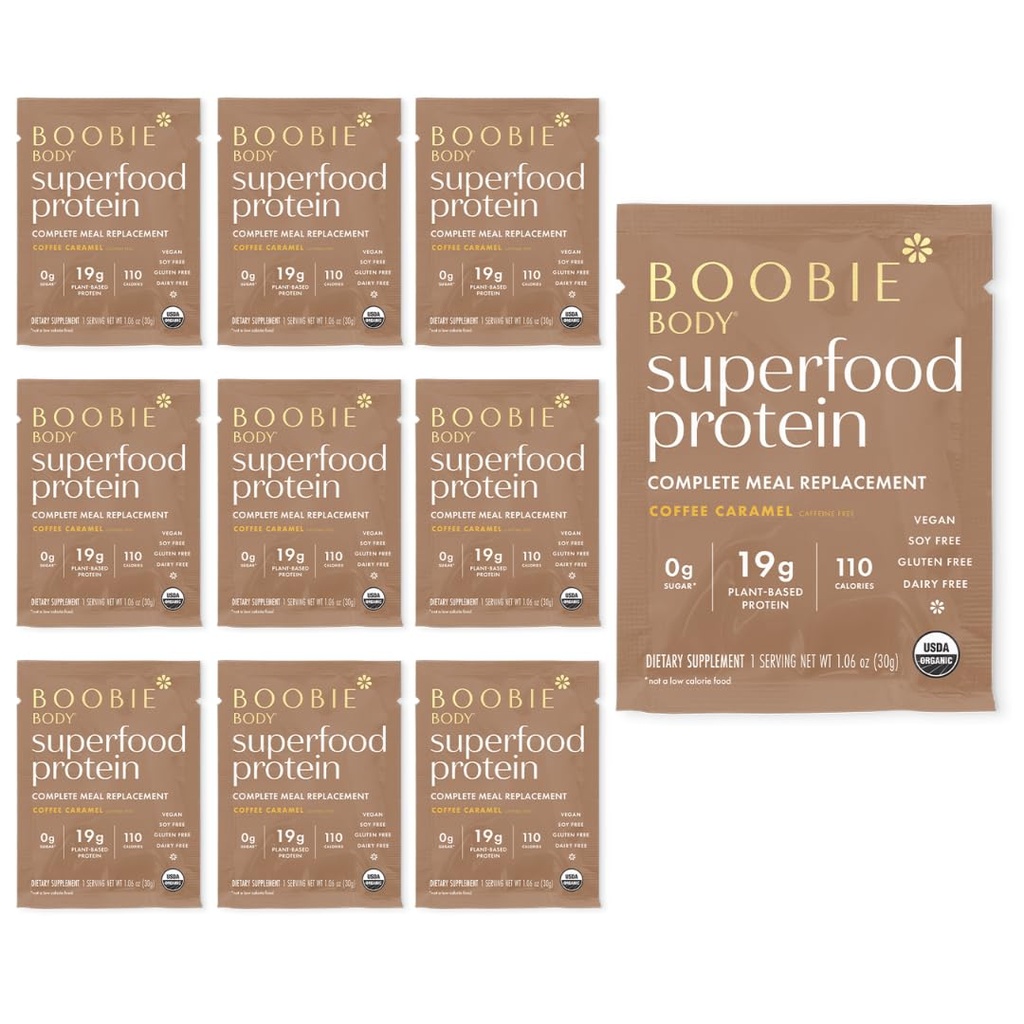 Boobie Body Superfood Protein Meal Erstatning Shake, Coffee Caramel Flavor Buddy 124; 19g Protein Buddy 124; Safe For Graviditet, Amning, & Moderskab Buddy 124; Organic, Vegan, Zero Sugar, 10 Single Serve Packets (1,06 oz hver)