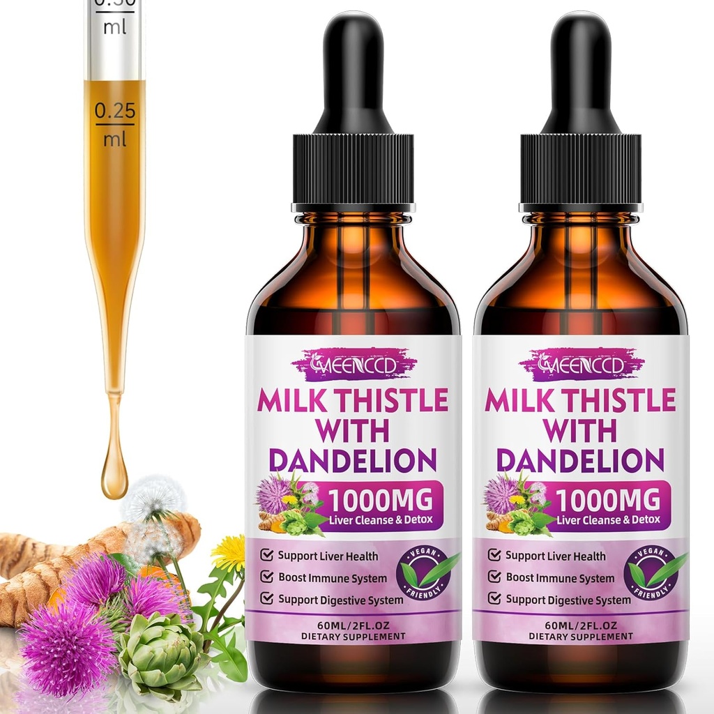2 Pack Milk Thistle Liquid Drops - Lever Rengøring Detox & Reparation - 1000mg Mælk Thistle supplement til leverstøtte, Silymarin lever supplement til leversundhed, Vegan, non-GMO, 4 Fl Oz