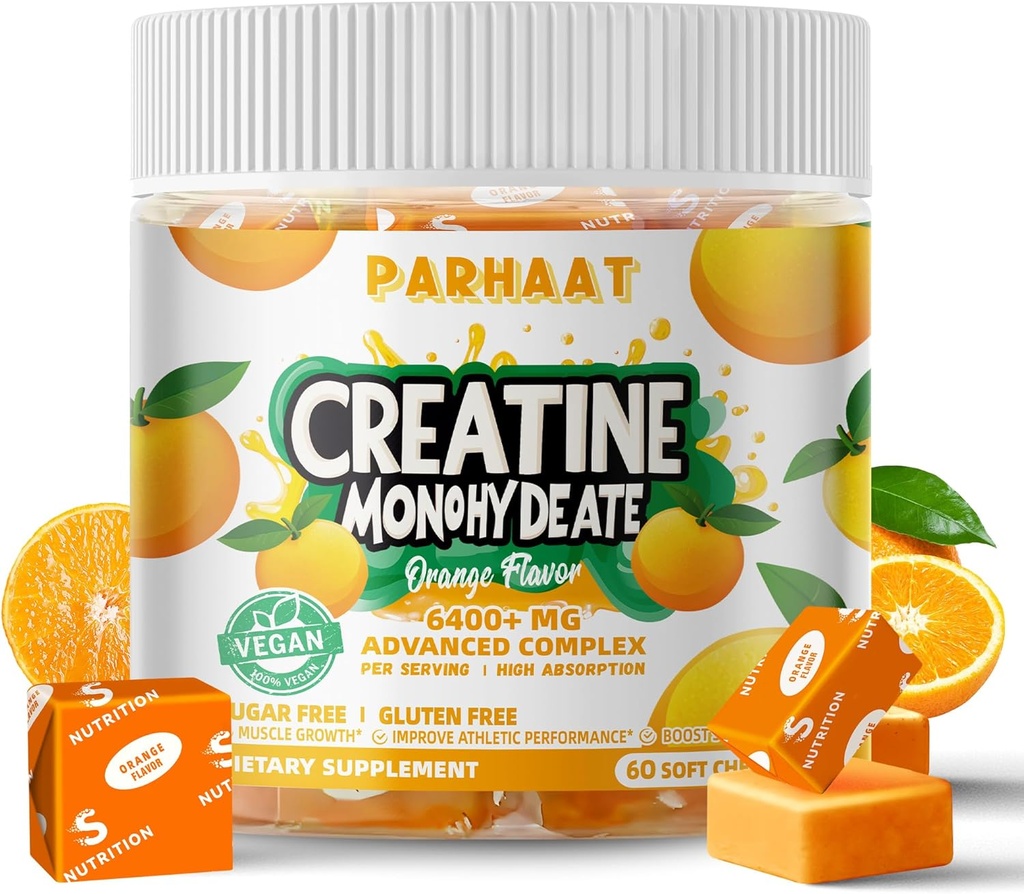 Creatin monohydrat tyggegummi Complex 6400mg for mænd og kvinder -Advanced Formel W / L- Taurine + vitamin B12, Sukker Free Chewable Supplement, 60 Orange Softchews