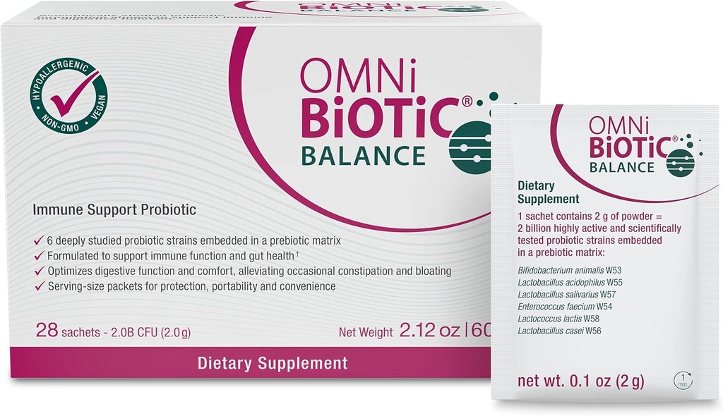 OMNi BiOTiC Balance Probiotisk immunforsvar - Bifidobacterium & Lactobacillus - Hypoallergen - Immunbooster supplement til mænd og kvinder - ikke-GMO (28 daglige pakker)