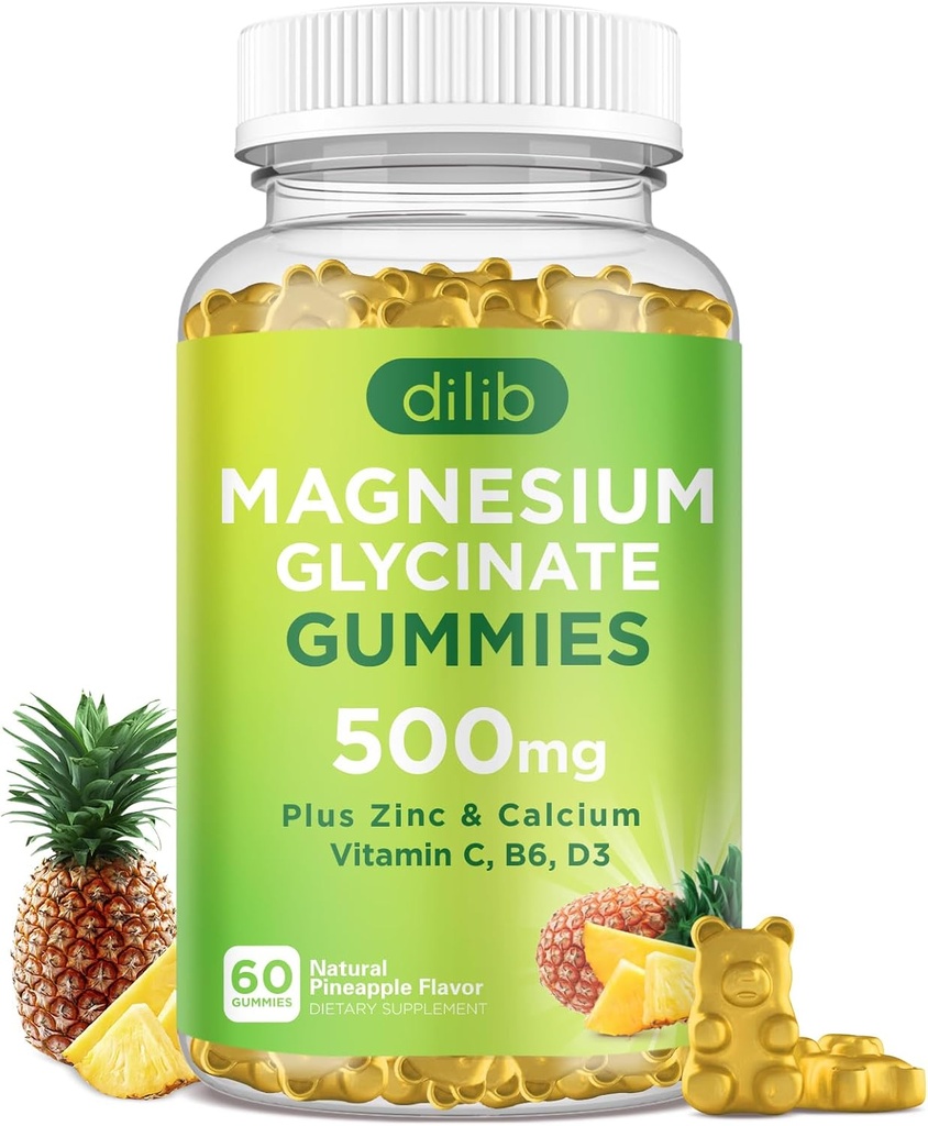 Magnesium Glycinat Gummies 500 mg Magnesium tillæg med Calcium, Zink, C-vitamin, B6, D3- rolig tyggetummies til børn & Adults- Sleep, Mood & Muscle Support- Pineapple Flavor, 60 Gummies