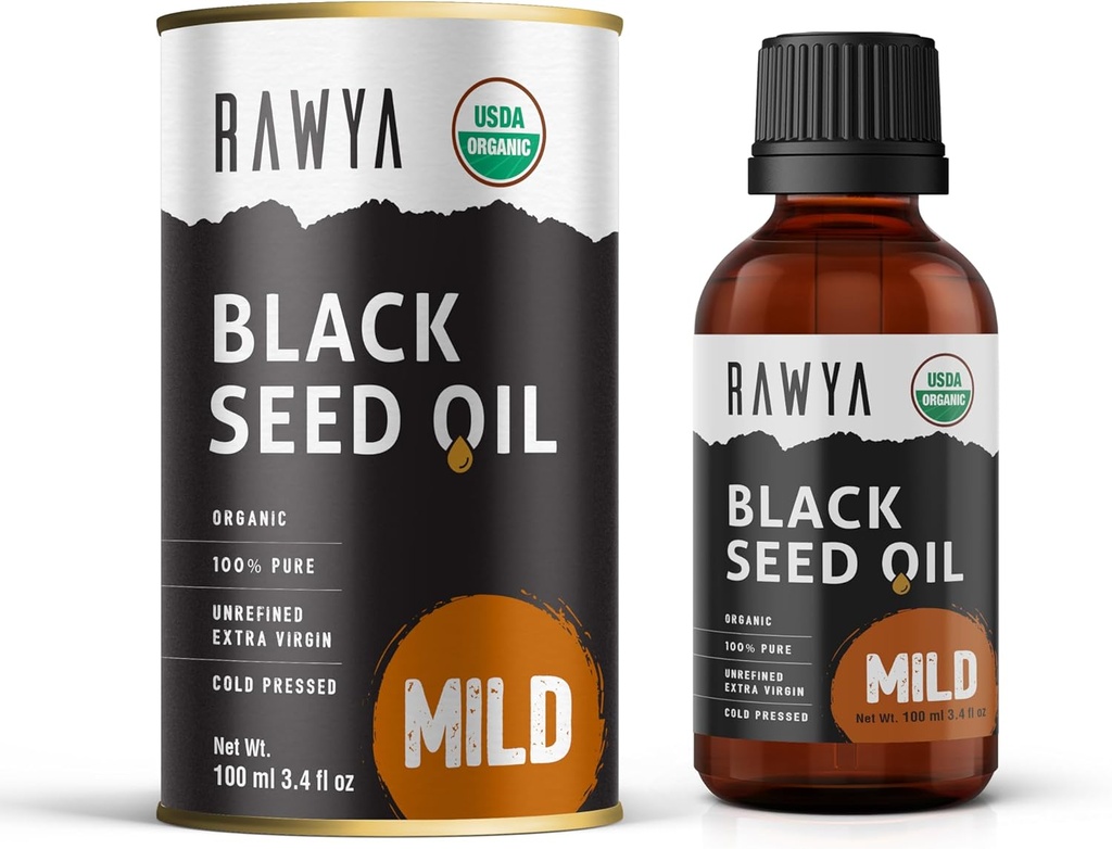 RAWYA Black Seed Oil - Cold Pressed - Black Cumin Seed - Premium Nigella Sativa - Omega 3 6 9 - Kalonji for hud og sundt hår - ikke-GMO, Gluten- fri - Wellness Oil - Mild Flavor - 3.4 Fl Oz