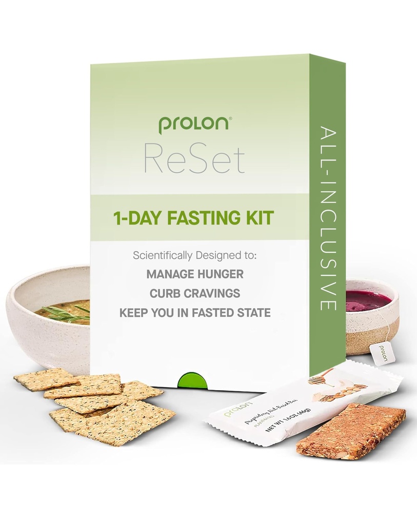 Prolon 1- Day Nulstil fastende kit 124; Fast med mad • 124; Understøtter sund aldring & Vægt Management • 124; Low- Calorie, Plant- baserede Måltider & Snacks • 124; Udviklet til ikke bryde din hurtig (1- dag Kit)