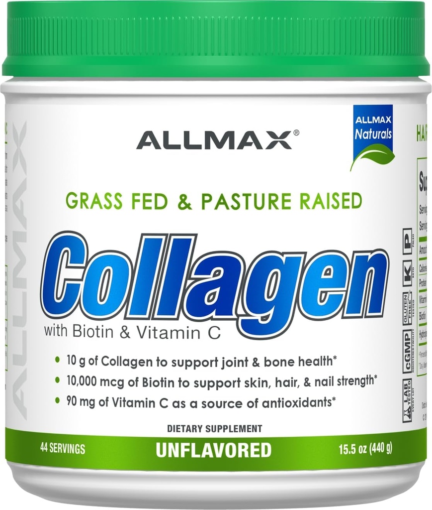 ALLMAX Nutrition Grass Fed & Pasture Raised Collagen med 10. 000 mcg Biotin + 90 mg C-vitamin, uden smag, 15. 5 oz (440 g)