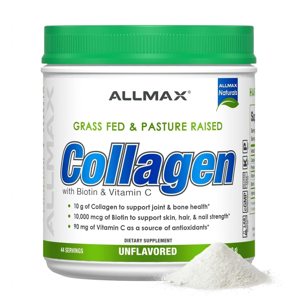 ALLMAX Nutrition Grass Fed & Pasture Raised Collagen med 10. 000 mcg Biotin + 90 mg C-vitamin, uden smag, 15. 5 oz (440 g)