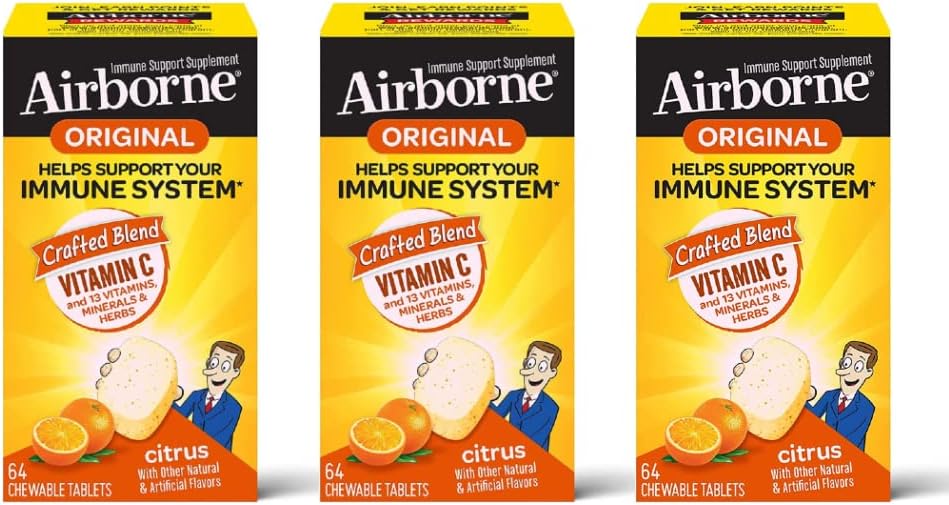 Airborne C 1000mg (per servering) - Citrus Chewable Tablets (64ct / Box), Gluten- Free immunsupport supplement, Vitaminer A C E, ZINC, Selenium, Echinacea, Ingefær, Antioxidanter (3- Pack)