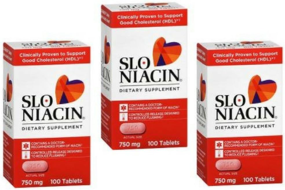 SLO- NIACIN Kosttilskud én gang dagligt med 750 mg niacin vitamin B fra nicotinsyre til høj absorption 100 tabletter per flaske 3 pakning